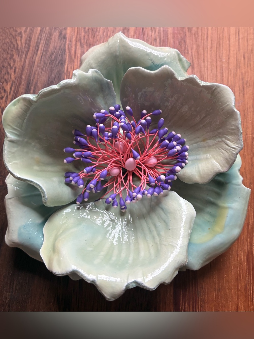 Large Vintage Flower Brooch with Purple & Pink Center Floral